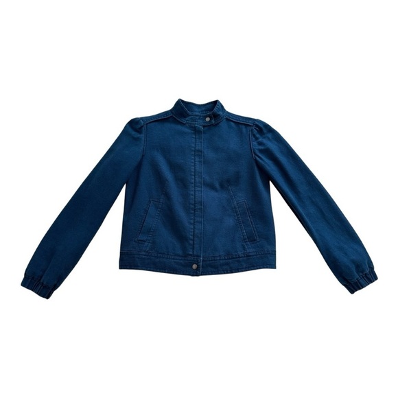 Gap Moto Jacket Mock Neck Zip Up Long Sleeve Linen Blend Blue Womens Small - Picture 3 of 13